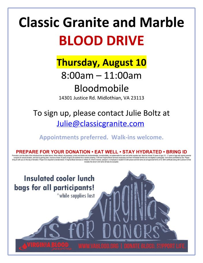 Classic Granite and Marble BLOOD DRIVE – August