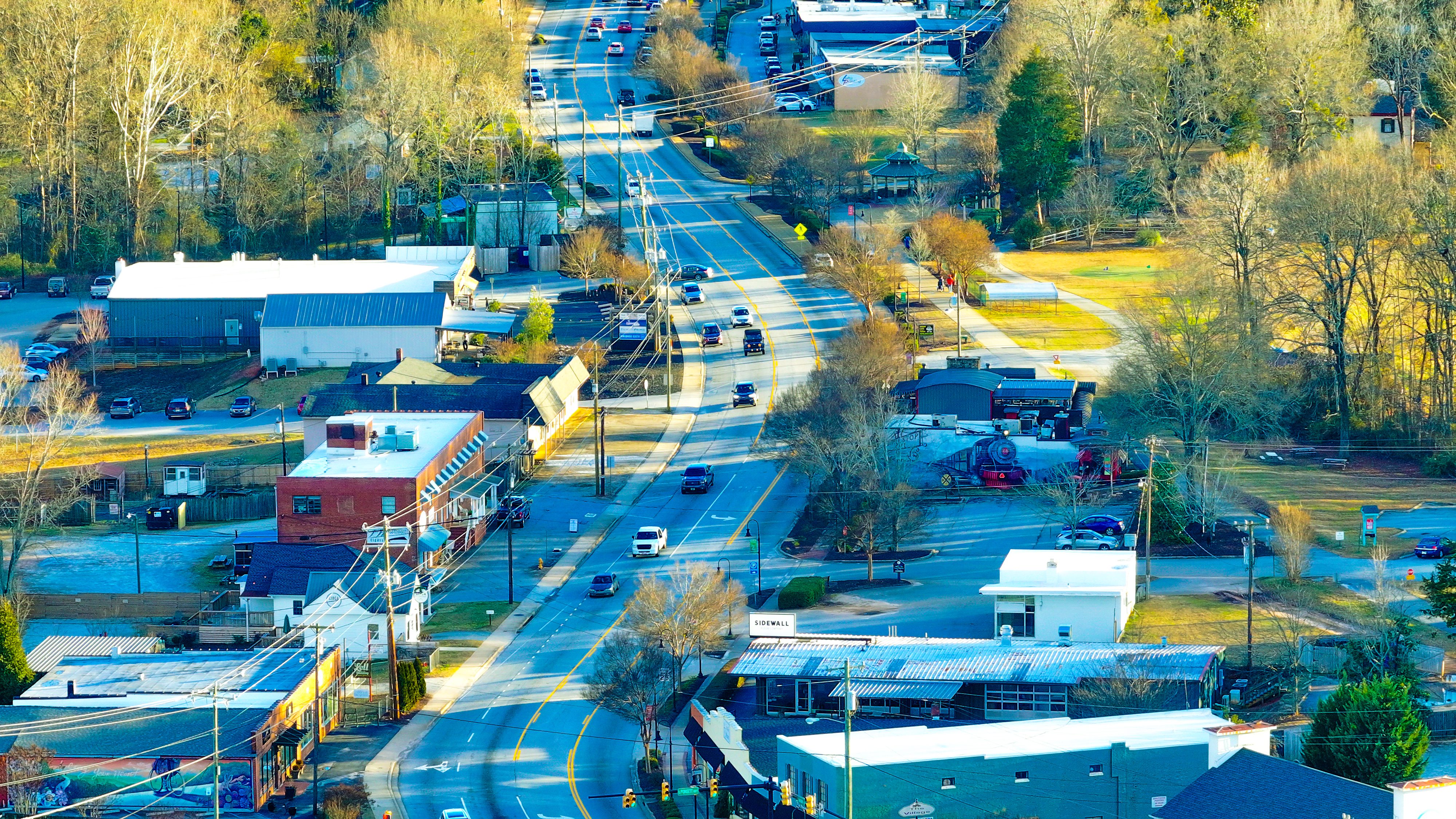 Aerial view of a road running through Amelia County.